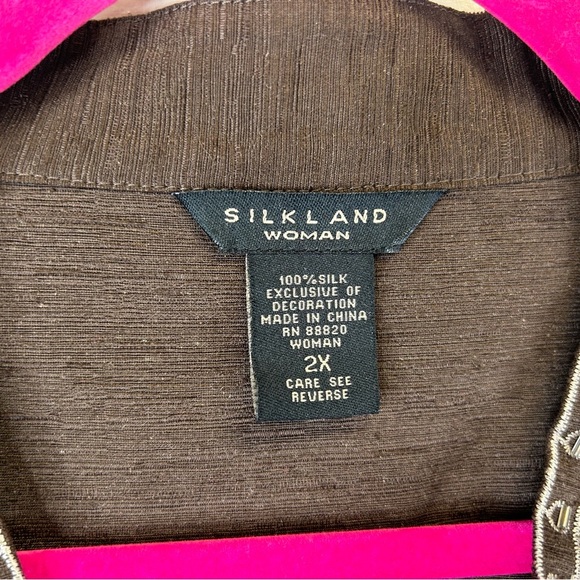 SilkLand 100% Silk 2X Brown Cream Tunic Embroidery Beading Boho Natural Elegant - Picture 4 of 13